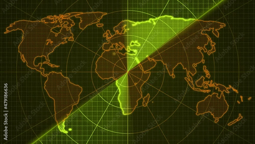 Digital technology scanning world map animated, Brown yellow color ...