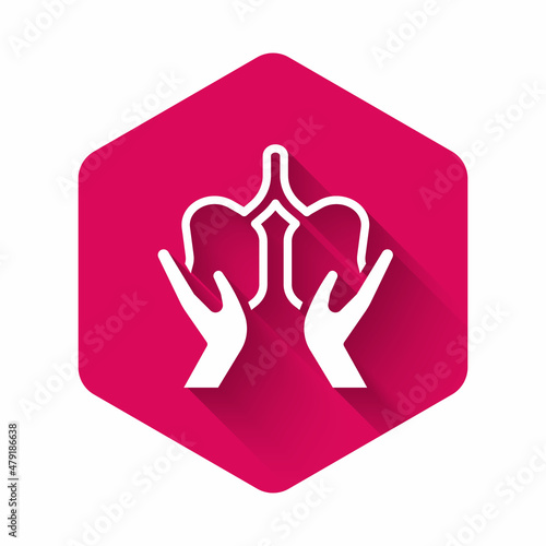 White Lungs icon isolated with long shadow background. Pink hexagon button. Vector