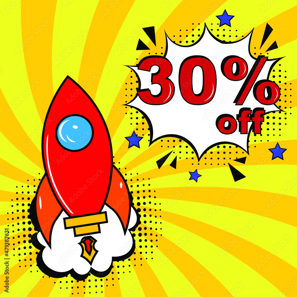 Pop art comic sale discount promotion banner. 30 percent off. Comic text 30 percent sale set discount. Promo sale thirty percent poster