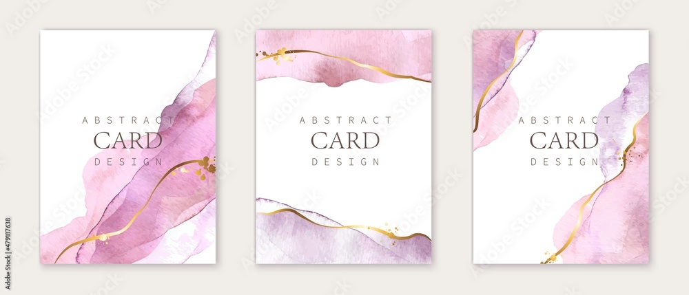 Set of vertical backgrounds. Pink, violet watercolor fluid painting vector design. Dusty pastel and golden marble - obrazy, fototapety, plakaty 