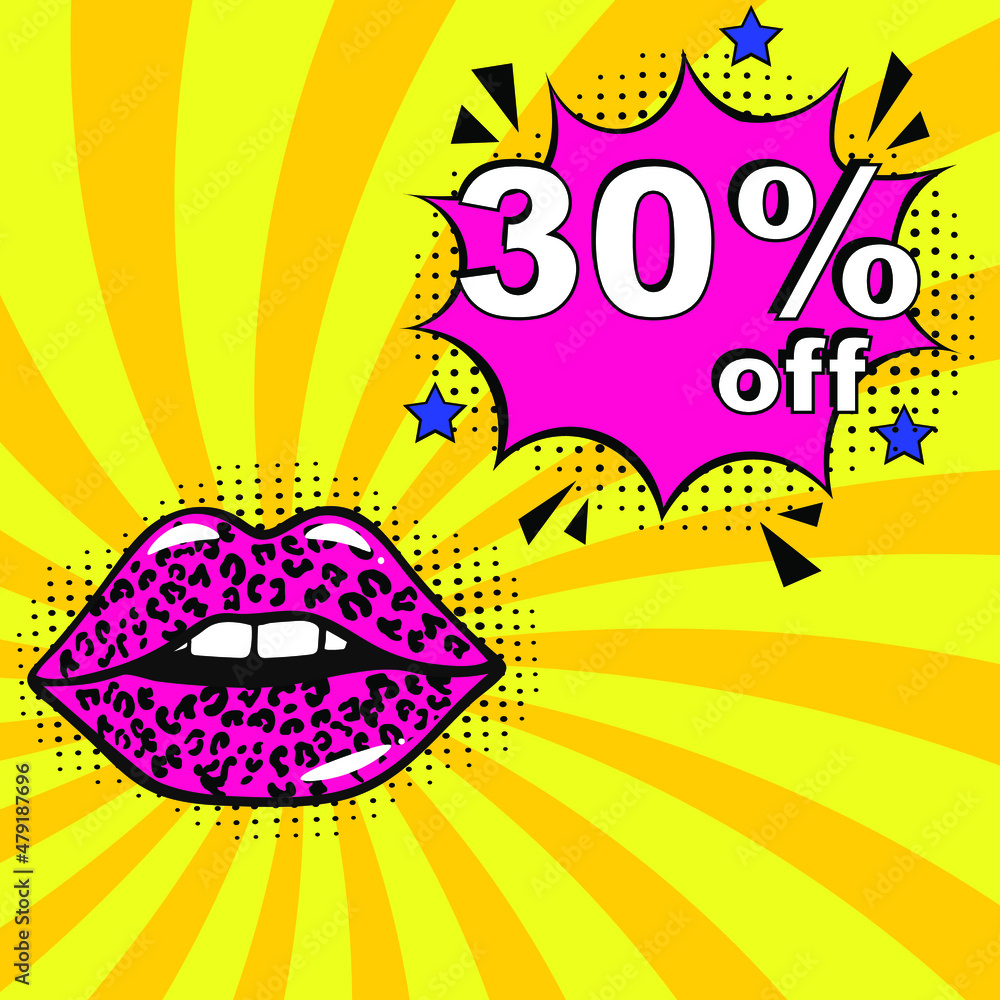 Obraz premium Pop art comic sale discount promotion banner. 30 percent off. Comic text 30 percent sale set discount. Promo sale thirty percent poster
