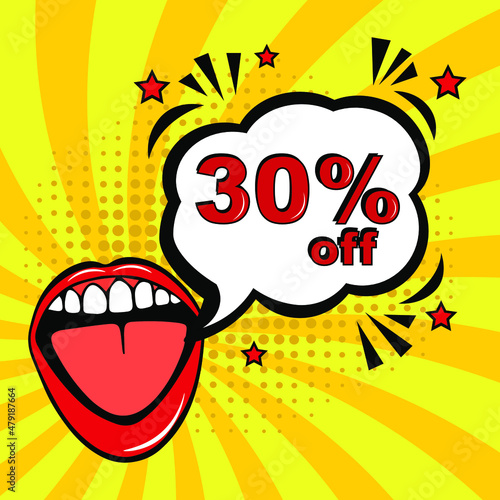 Pop art comic sale discount promotion banner. 30 percent off. Comic text 30 percent sale set discount. Promo sale thirty percent poster