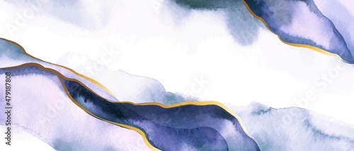 Blue, violet watercolor fluid painting vector background design. Dusty pastel, neutral and golden marble.