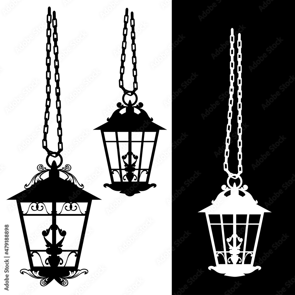 Fototapeta premium hanging on chains antique street lights - black and white vector urban silhouette design set