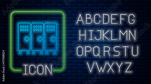 Glowing neon Locker or changing room for hockey, football, basketball team or workers icon isolated on brick wall background. Neon light alphabet. Vector