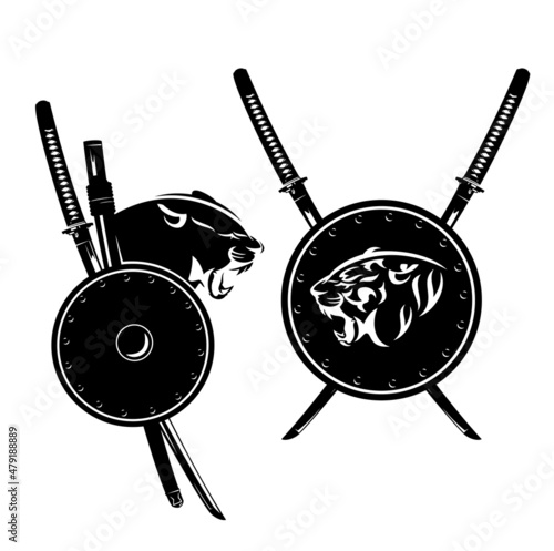 roaring wild tiger and panther with japanese samurai katana swords and round metal shield for security concept black and white vector emblem design set