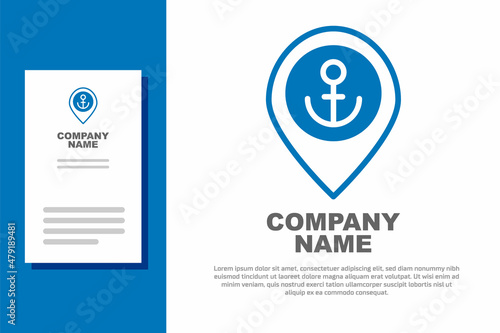 Blue Map pointer with anchor icon isolated on white background. Logo design template element. Vector