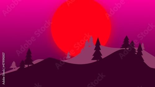 mountain and moon background with pine tree or spruce for desktop wallpaper and banner 