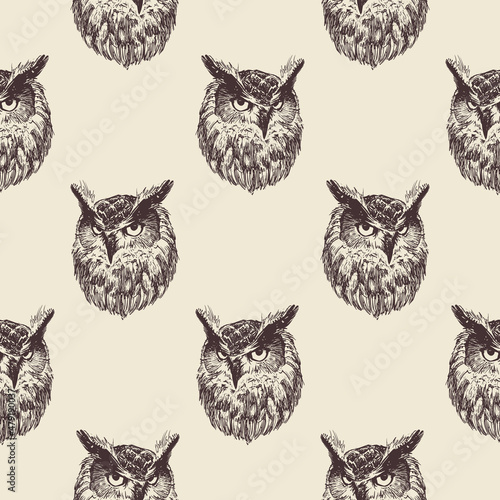 Pattern of hand-drawn owls on a beige background for printing on paper, textiles and decoration. Vector illustration.
