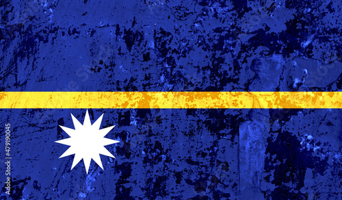Nauru flag on old paint on wall. 3D image