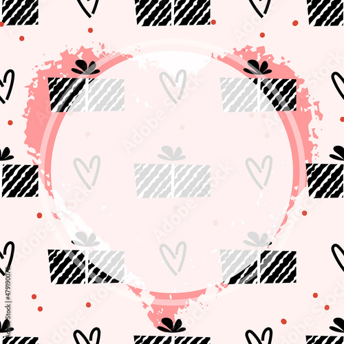 Abstract vector background with gift and heart shapes and white circle in stamp and line styles as a template for your social media content and banners or flyers. Seamless texture