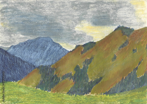 a mountain landscape with pastels, mountains sketch