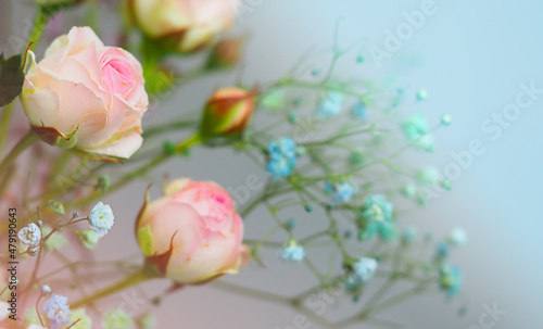 White roses and chrysanthemums on a white background. Bride's bouquet. background. Soft pastel colors. Background for postcards, invitations, and greetings.