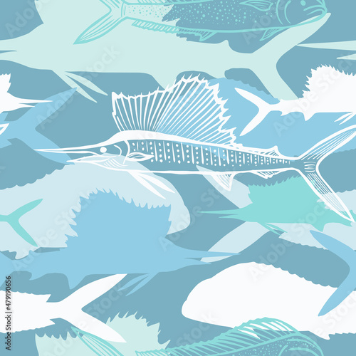 Abstract fish pastel seamless pattern. Vector illustration.