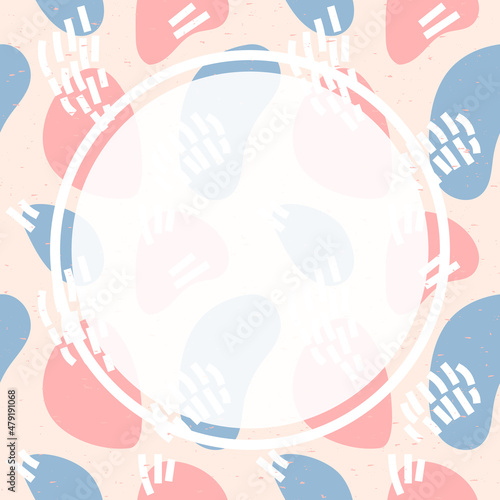 Abstract vector template with shapes in scribble and doodle style and white circle in pastel trendy colors as a background for your social media content and banners or flyers. Seamless texture.