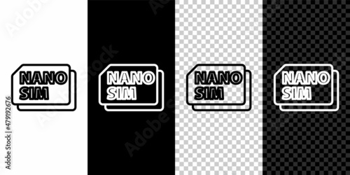 Set line Nano Sim Card icon isolated on black and white background. Mobile and wireless communication technologies. Network chip electronic connection. Vector
