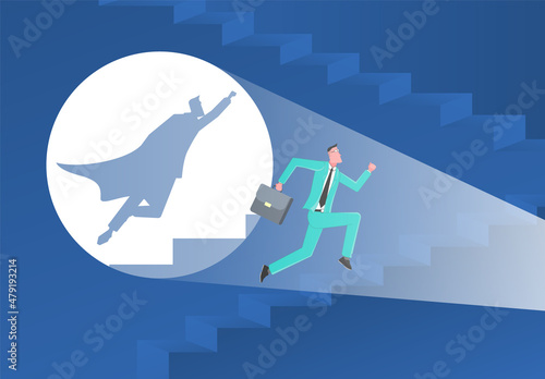 Business target. Businessman runs up the stairs, his superhero shadow is on the wall