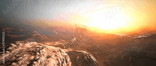 Fotografia Panoramic view of the arid rocky desert during sunrise