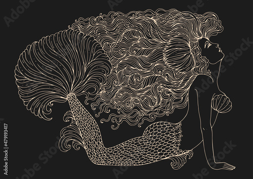 Vector drawing fantastic sea mermaid with developing long wavy hair decorated water lily. Sea goddess a lush fin tail lies on the bottom and looks. Pattern Fairy tale ornamental Light yellow on brown 