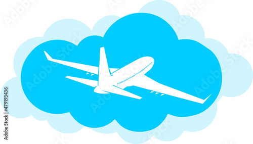 Airplane on blue clouds background. Flat style icon. Illustration, vector 