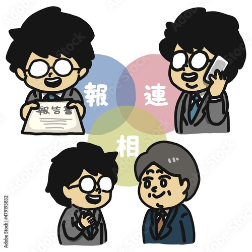 報告・連絡・相談(ほうれんそう)のイラストです。サラリーマンとして社会で生きるためのルールです。