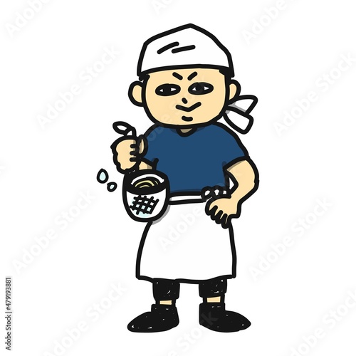 ラーメン屋の店員さんのイラストです。麺の湯切りをしています。前掛けと、頭にタオルを巻いています。
