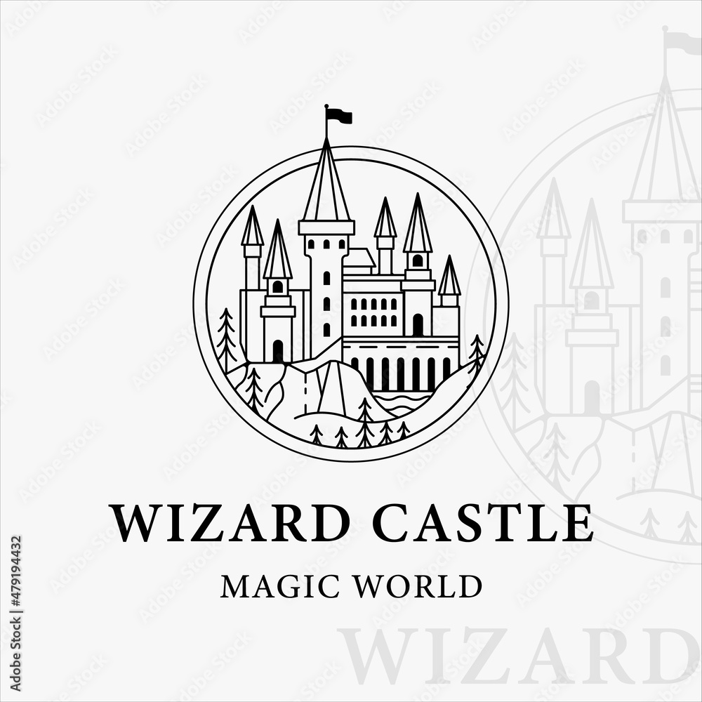 Fototapeta premium magic castle line art logo vector illustration template icon graphic design . print apparel t-shirt