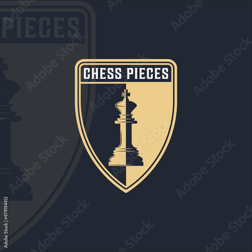 chess and king piece logo vintage vector illustration template icon graphic design.retro sign or symbol for chess tournament or club with shield badge black and white concept
