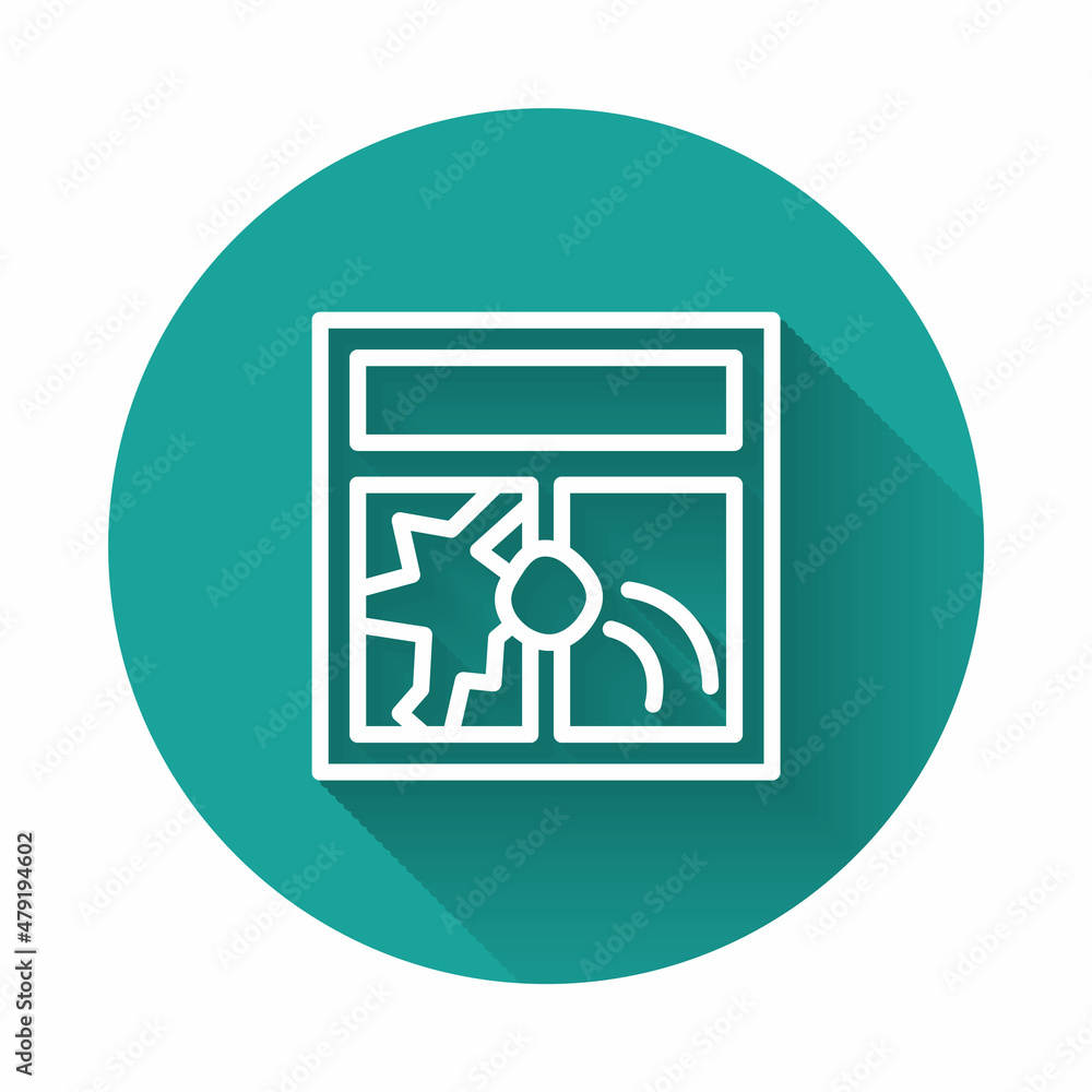 White line Broken window icon isolated with long shadow. Damaged window. Beaten windowpane concept. Vandalism. Green circle button. Vector