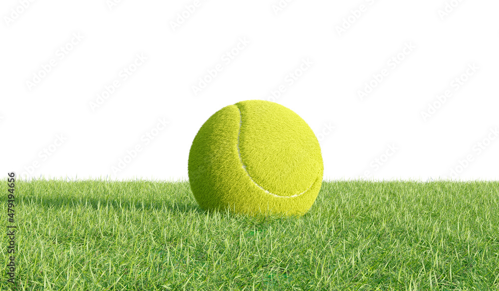 Realistic 3D tennis ball is lying on the green grass. 3D rendering