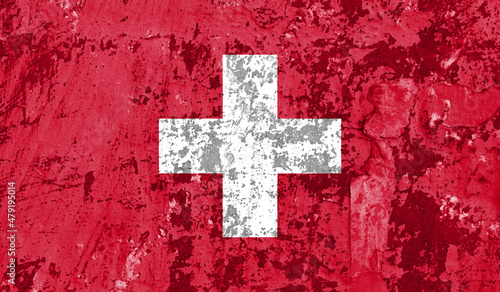 Switzerland flag on old paint on wall. 3D image