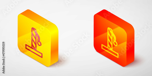 Isometric line Cat scratching post with toy icon isolated on grey background. Yellow and orange square button. Vector