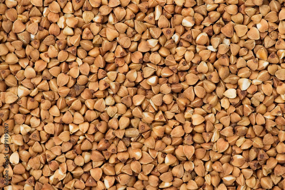 Buckwheat background or texture. Close up, top view  