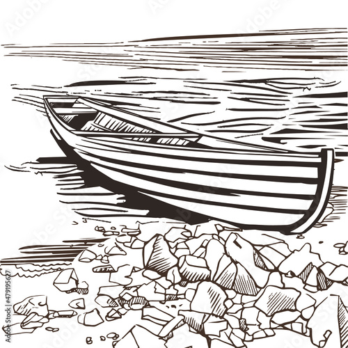Wooden boat on the bank of the sketch river. View of the rocky shore with a boat