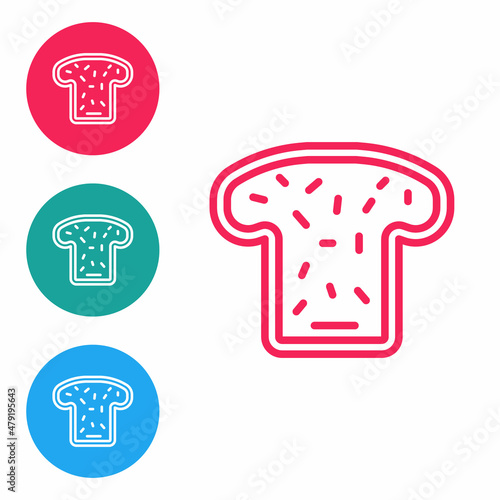 Red line Bread toast for sandwich piece of roasted crouton icon isolated on white background. Lunch, dinner, breakfast snack. Set icons in circle buttons. Vector