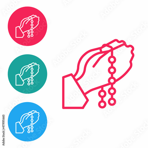 Red line Hands in praying position with rosary icon isolated on white background. Praying hand islam muslim religion spirituality religious. Set icons in circle buttons. Vector