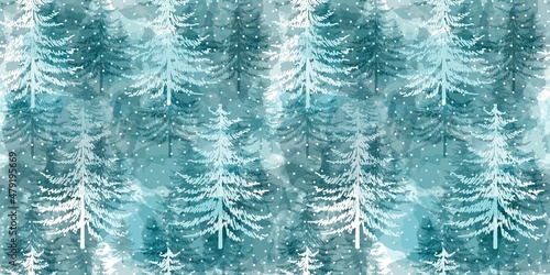 Christmas tree seamless vector pattern. Watercolor Noel firs print, winter frozen pine trees on blue background, wallpaper, wrapping paper design