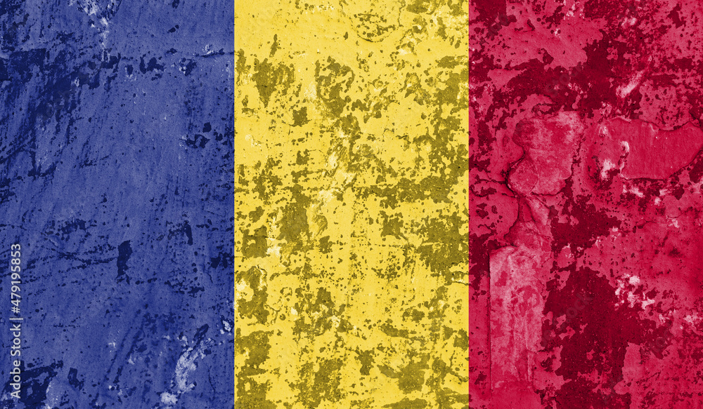 Romania flag on old paint on wall. 3D image