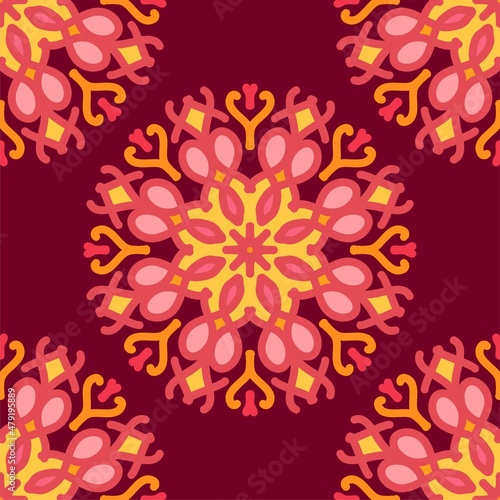 yellow red mandala floral creative seamless pattern design background vector illustration