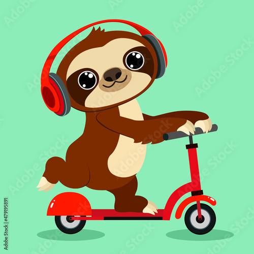funny cartoon sloth in headphone rides a kick scooter on blue background. cute animal on a personal transport and engaged in sports. colorful vector illustration.