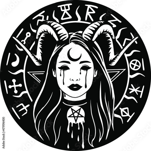 Pagan design, sorceress girl, witch woman with horns, gothic, digital art download. Vector hand-drawn illustration. Heavenly woman with moon. Svg cut cutting print t shirt design