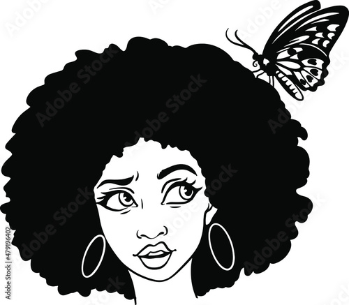 Silhouette of a beautiful curly afro girl with a butterfly in her hair svg cutting print file