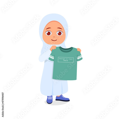 Muslim girl holding t-shirt happy face