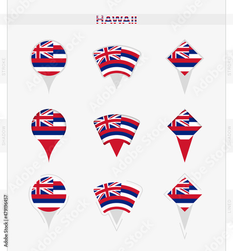 Hawaii flag, set of location pin icons of Hawaii flag.