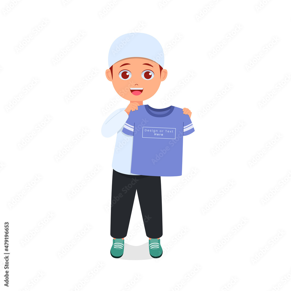 Muslim boy holding t-shirt, happy face Muslim boy holding t-shirt, happy face