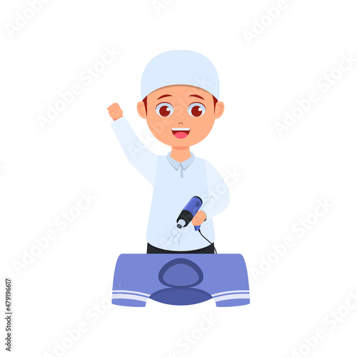 Muslim boy drying screen printing ink with hot air gun