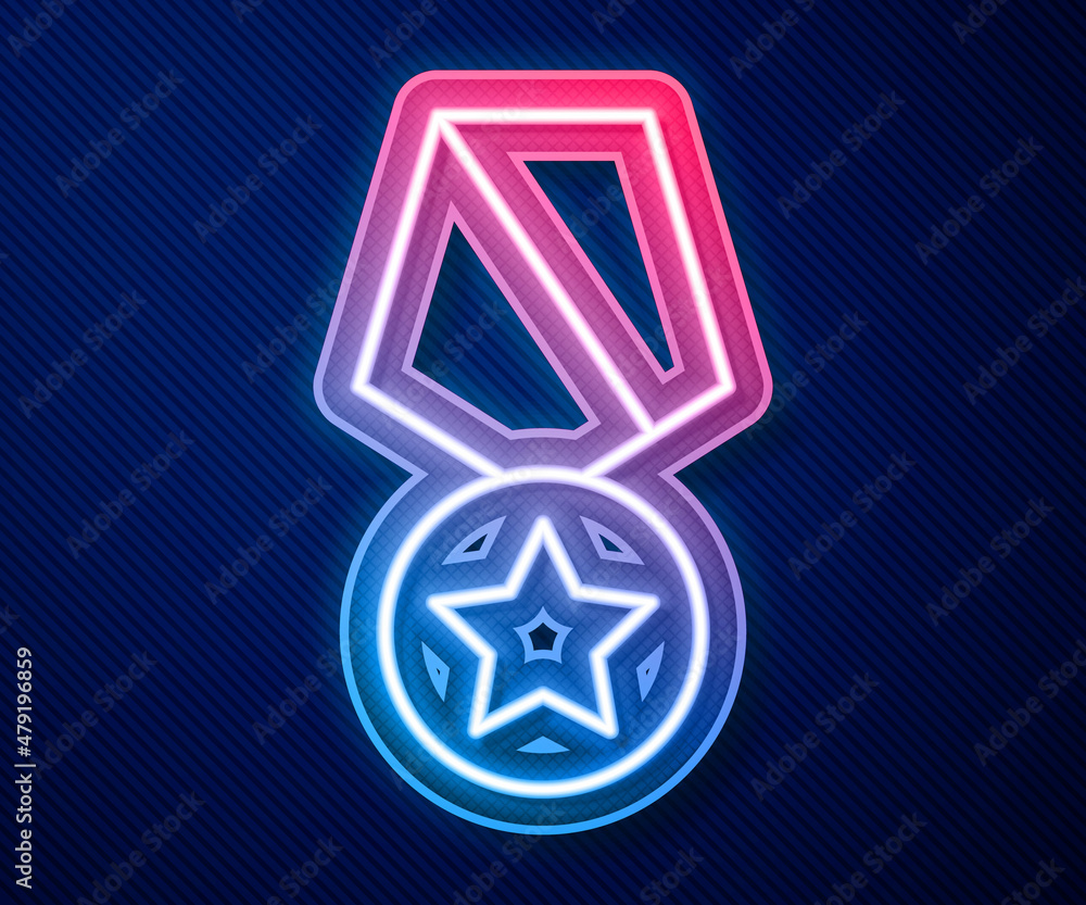 Glowing neon line Military reward medal icon isolated on blue background. Army sign. Vector