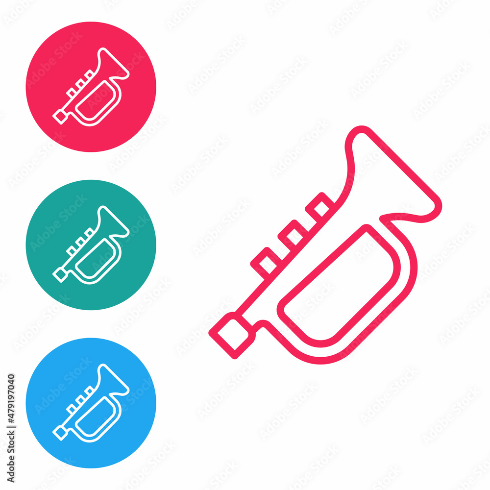 Red line Musical instrument trumpet icon isolated on white background. Set icons in circle buttons. Vector Red line Musical instrument trumpet icon isolated on white background. Set icons in circle buttons. Vector
