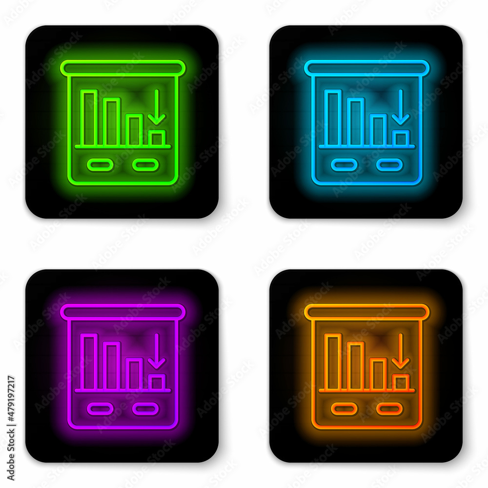 Glowing neon line Pie chart infographic icon isolated on white background. Diagram chart sign. World finance crisis. Black square button. Vector Glowing neon line Pie chart infographic icon isolated on white background. Diagram chart sign. World finance crisis. Black square button. Vector