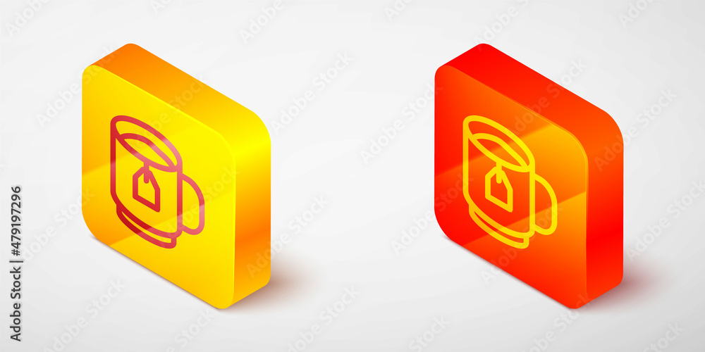 Isometric line Cup of tea with tea bag icon isolated on grey background. Yellow and orange square button. Vector Isometric line Cup of tea with tea bag icon isolated on grey background. Yellow and orange square button. Vector